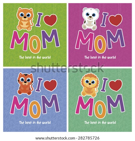 Set of backgrounds with cute animals for mother's day. Vector illustration
