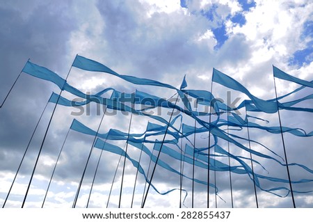 A group of the blue flags and sky