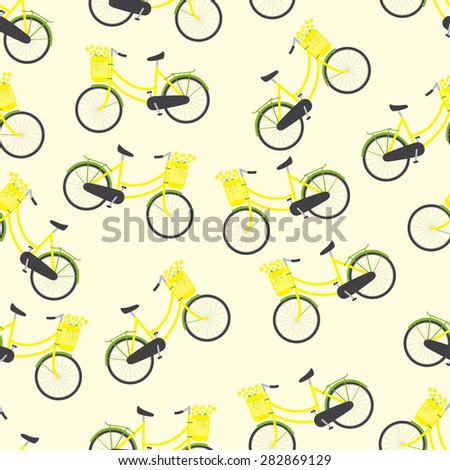 Seamless pattern with bicycles with yellow colored female frame, yellow pannier on handlebar with big bouquet of chamomiles in it, big wheels with green mudguards isolated on light yellow background