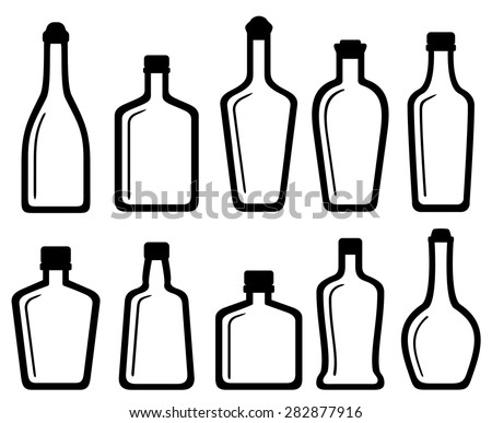 set isolated white glass alcohol bottles silhouette