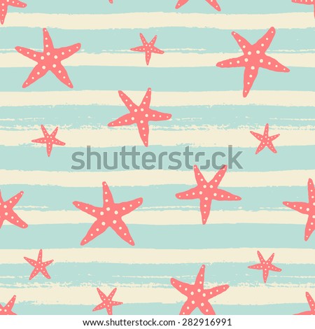 Hand drawn seamless repeat pattern with starfish in red on blue and cream striped brush strokes background.