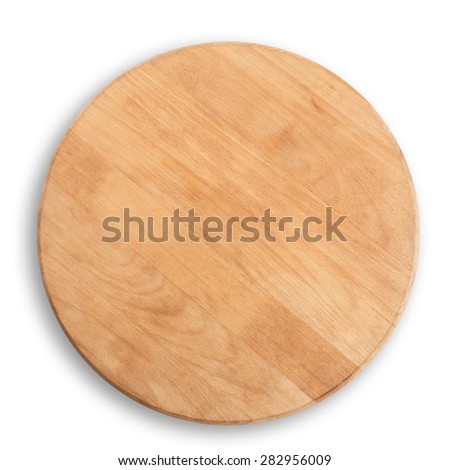 wooden round board for pizza isolated at white background - above view Royalty-Free Stock Photo #282956009