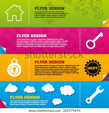 Flyer brochure designs. Home key icon. Wrench service tool symbol. Locker sign. Main page web navigation. Frame design templates. Vector