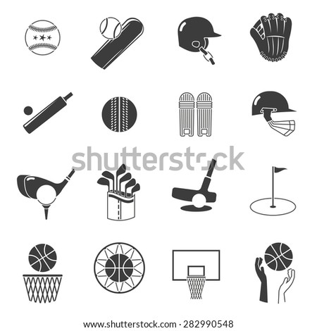 Sport icons black set with tennis baseball and volleyball equipment isolated vector illustration