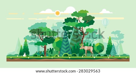 Vector flat illustrations - Eco style life. Abstract forest. Wildlife. Forest view Royalty-Free Stock Photo #283029563