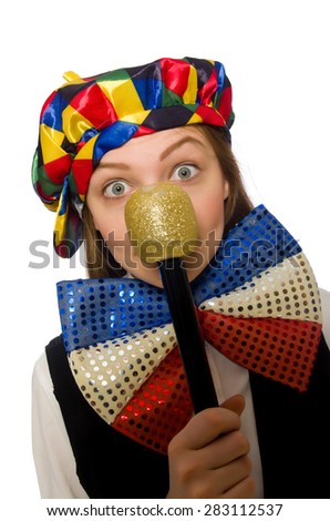 Pretty female clown with maracas isolated on white