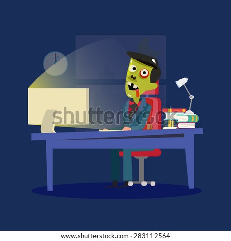 Man working hard and transform into zombie. Hard Working and unhealthy. zombie office - vector illustration