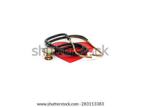 Medicine stethoscope and red heart are isolated on white background