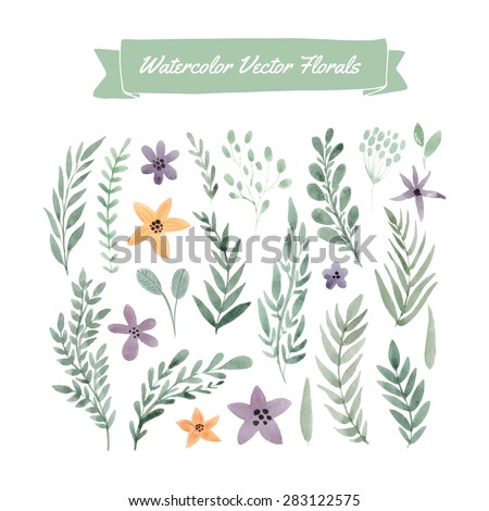 Set of handpainted watercolor vector flowers and leaves.Design element for summer wedding, spring congratulation card. Perfect floral elements for save the date card. Unique artwork for your design.   Royalty-Free Stock Photo #283122575