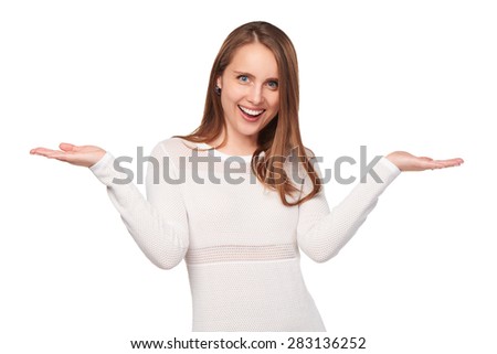 Surprised woman showing two open hand palms with copy space for product or text, isolated on white background