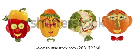 Creative set of food concept. A few  funny portraits from vegetables and fruits.