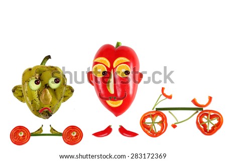 Creative food concept. Positive and negative funny little peppers want to play sports