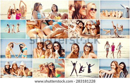 summer holidays and vacation concept - collage of many pictures with pretty girls having fun on the beach and taking selfie