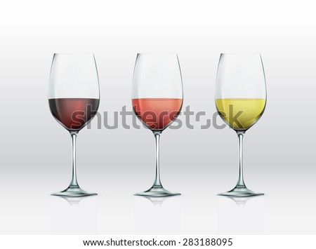 Realistic vector graphic glasses with wine selections. Red wine, rose, and white wine