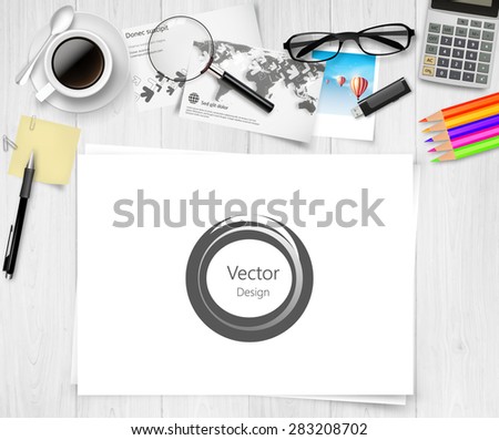 Vector above view of a wooden office table, and paper sheet,