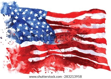 Flag of America, hand-drawn watercolor on white background