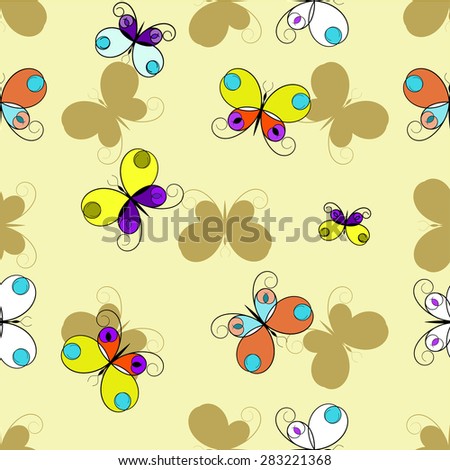 silhouette of butterflies and colorful butterflies on background of color champagne, seamless pattern 