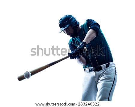one caucasian man baseball player playing  in studio  silhouette isolated on white background