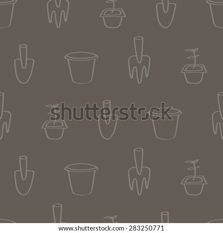 Seamless background tile with an outlined cartoon pattern of gardening tools; trowel, fork, terracotta pot and a seedling ready to be planted.
This file is Vector EPS10 and uses a clipping mask.
