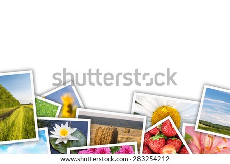 Stack of printed pictures collage with copy space for your text or photo
