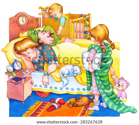 Gouache bright picture in retro style isolated on white. Cute funny domestic scene in cozy room. Young kids want to wake up peacefully asleep parents and pets under blanket in morn. Dog lay on mat