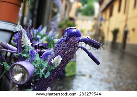 Purple Bicycle decorated with flowers of lavender