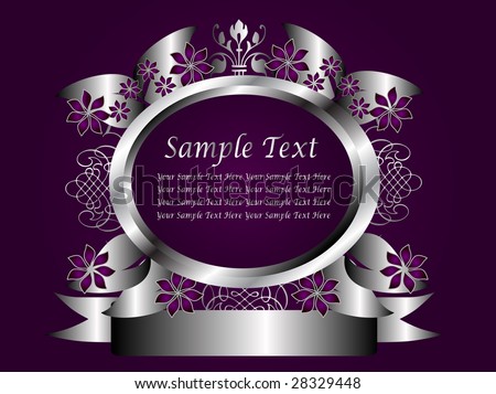 A silver floral design with room for text on a rich deep purple background