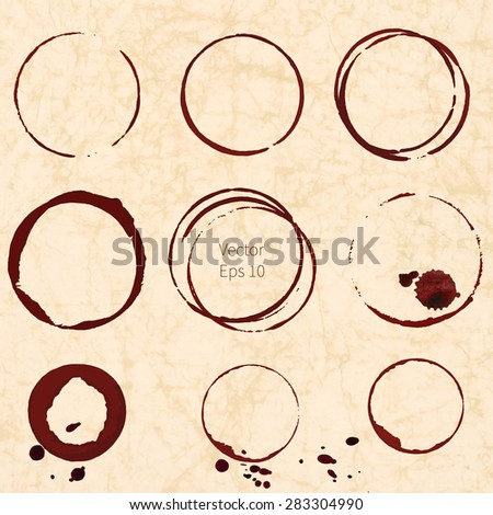 Set of grungy red ink stains and elements. Paint rings. Vector.