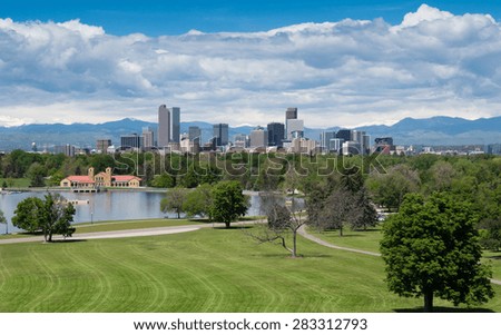 Downtown Denver, Colorado, the Mile High City, from City Park. Aerial.