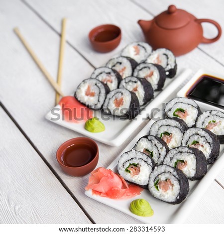 Sushi and roll with cream cheese and ginger