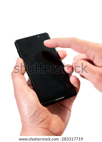 Hand holding and Touch on Black Smartphone with blank screen 