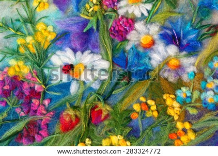 felting wool - contemporary art - handmade. A single unique piece. Painting with wild flowers - daisies, cornflowers, grass, strawberry, ladybird.