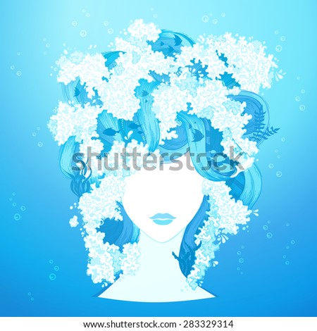 Water woman illustration. Underwater life in hair. Vector illustration. 