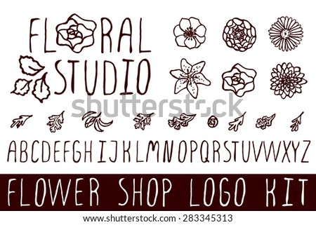 Logo kit with handsketched floral elements for flower shops. Floral studio