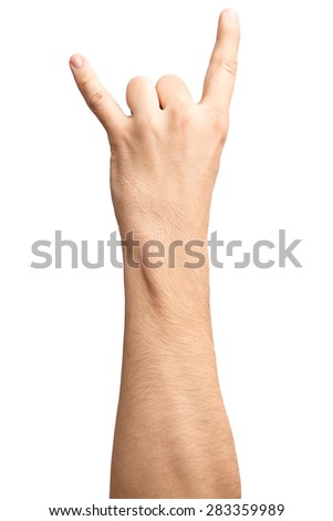 Man's hand rocker on Isolated white background. Hand giving the devil horns gesture. Alpha.Two fingers up. 2