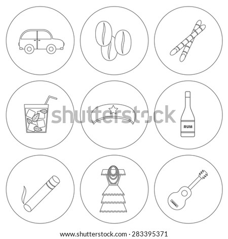 Set of outline icons on Cuba theme with rum, coctail Cuba Libre, old car, sugar cane, coffee, guitar, cigar, national woman's dress and famous hat of Che for your cuban design
