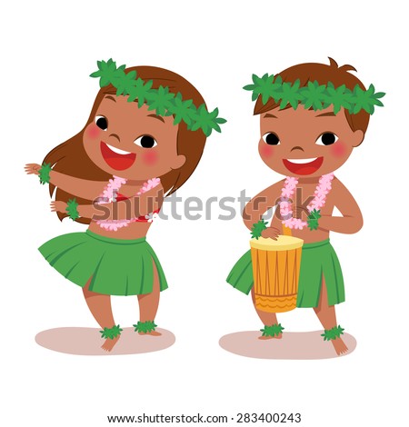 illustration of hawaiian boy playing drum and hawaiian girl hula dancing