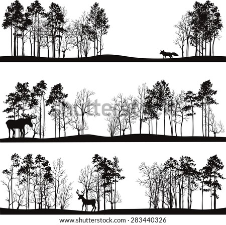 set of different landscapes with pine trees and wild animals, forest silhouettes with deer, elk, fox, hand drawn vector illustration