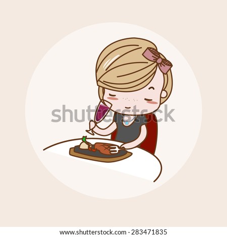 Having Steak Dinner in Restaurant, Enjoying Red Wine Girl / Lady / Woman Isolated Vector / Image / Illustration / Drawing / Cartoon / Animation