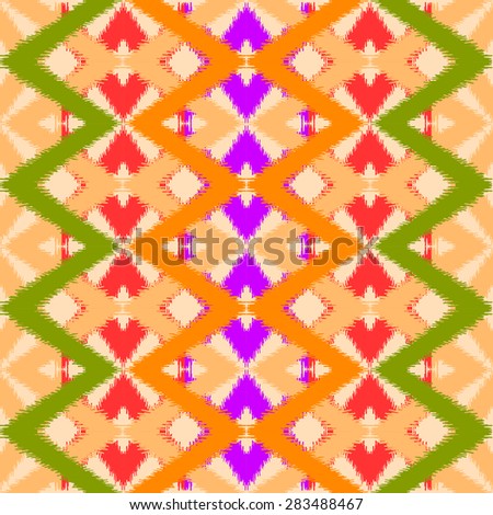 Seamless boho wavy pattern with ethnic and tribal motifs, zigzag lines, brushstrokes and splatters of paint in multiple bright colors for summer fall fashion. Vector illustration. Hand drawn 