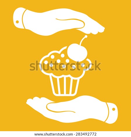 two hands with badge with white cake icon and cherry on yellow background - vector illustration