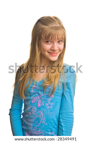 Slyness sight of young blonde girl in blue dress