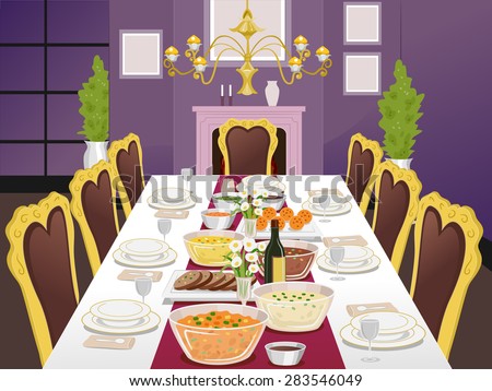 Illustration of a Formal Dining Table Filled with Food