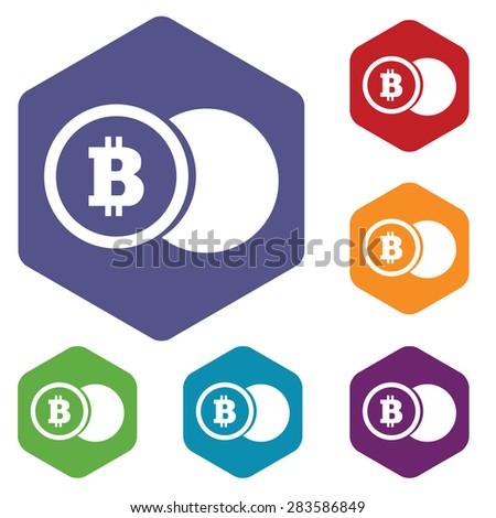 Colored set of hexagon icons with image of bitcoin coin, isolated on white