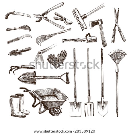 Collection of hand drawn graphic garden tools. 