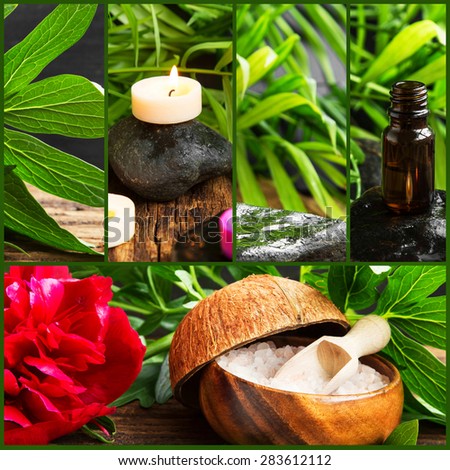 Spa Collage Composition of 5 Spa Photos with Scent Candles. Soft Towels and Aromatherapy on Wellness Background