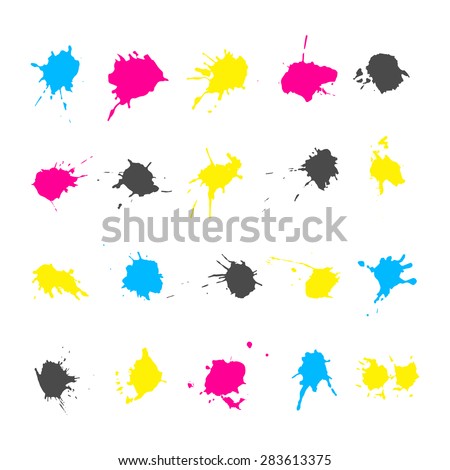 Set of ink splashes elements in a CMYK color scheme isolated on white background.  Vector colorful stains and blots for printing house branding and other design concepts