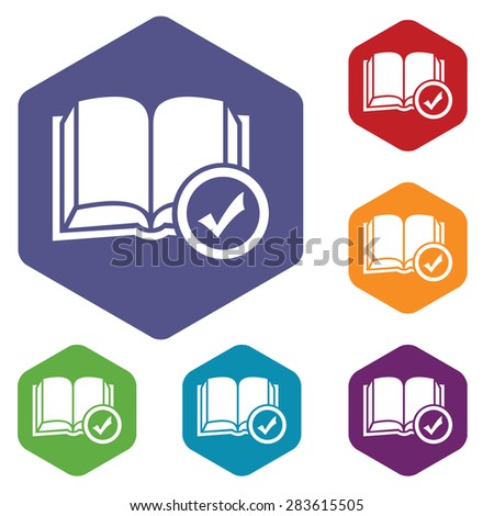 Colored set of hexagon icons with book and tick mark, isolated on white