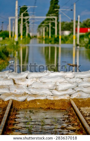 Color picture of sandbags piled up during flooding