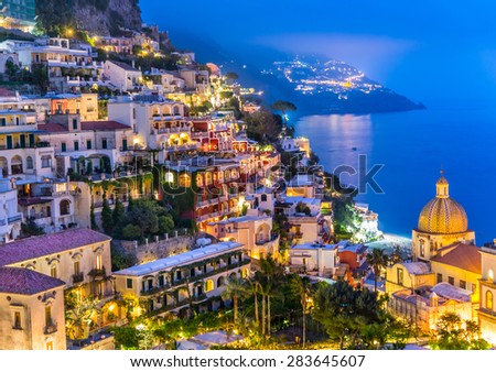 Night view of Positano village at Amalfi Coast, Italy. Royalty-Free Stock Photo #283645607